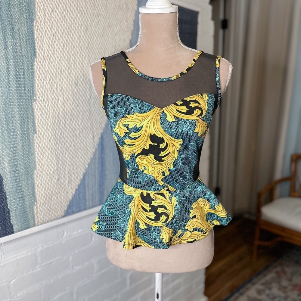 Joyce Teal and Gold Peplum Tank Top with Mesh Panels